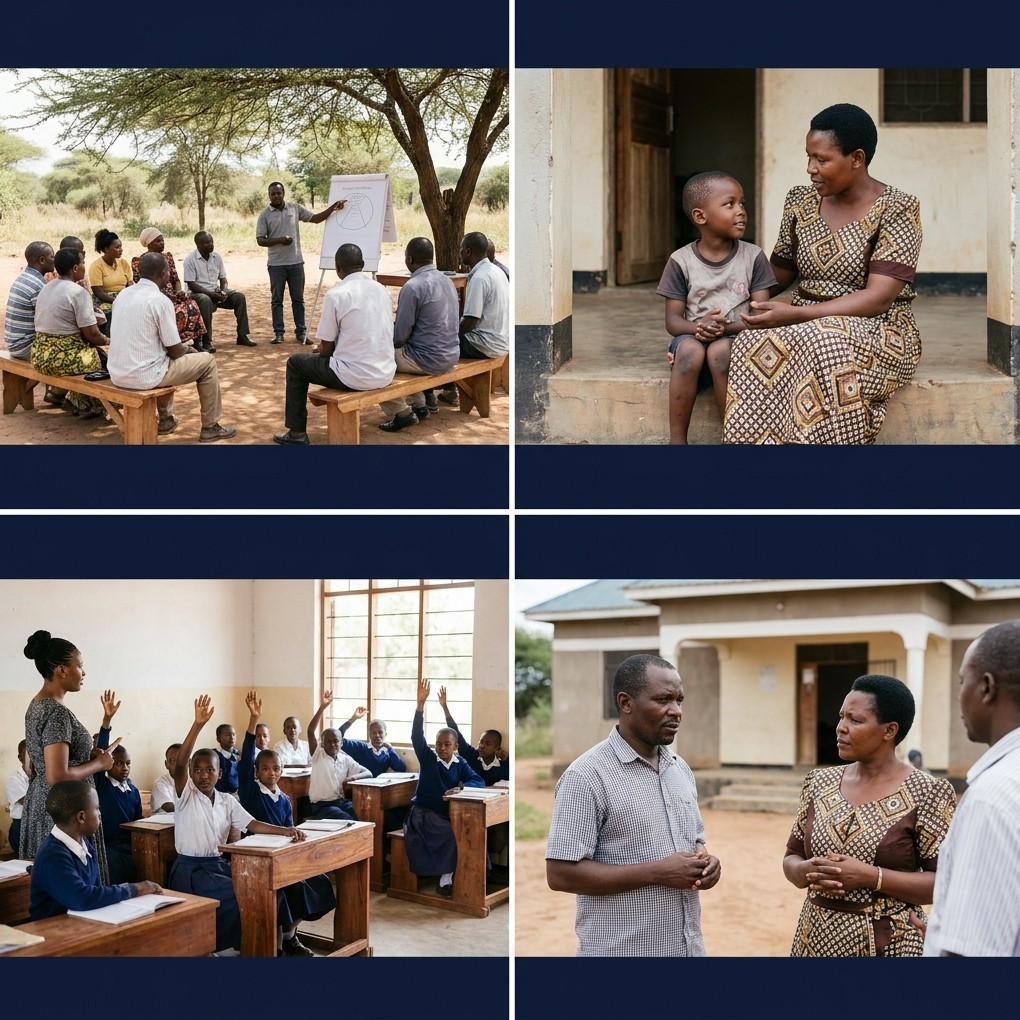 Community safety workshop, a parent and child in conversation, a classroom safety session, and local leaders in discussion