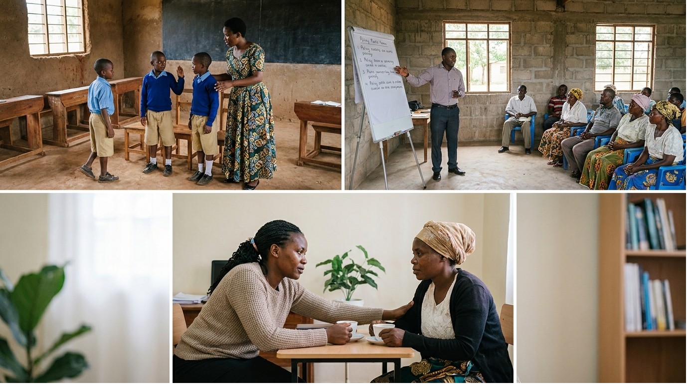 Scenes from our programs: a classroom safety role-play, a community policy discussion, and a supportive counselling conversation